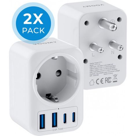Reiseadapter Typ D (2er-Pack) – 2 USB-C- und 2 USB-A-Anschlüsse – Universaladapter kompatibel mit Indien, Sri Lanka, Pakistan und Nepal – Weiß (1/5)