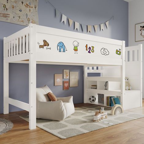 (=AB20272526W)Lit mezzanine enfant avec tableau blanc et ardoise, rangement et barrière anti-chute 90 x 200 cm, blanc – sommier à lattes – blanc (sans matelas) (1/5)