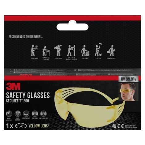 Las gafas de seguridad 3Mâ¢ SecureFitâ¢ 200 cuentan con lentes de policarbonato tintadas en amarillo resistentes con revestimiento antivaho y antirr