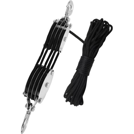 Poulie moufle 4 roues en acier avec roulement, corde noire 20m et crochet, système de levage pour camping, chasse, bateau et bricolage (1/5)