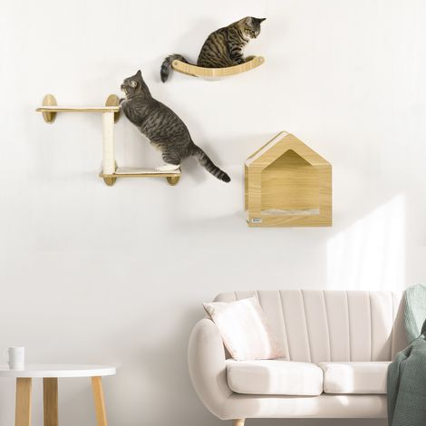 Juego de Escalada para Gatos de 3 Piezas Set de Pared con Estantes Cama Hamaca y Poste de Sisal Color Roble (1/5)