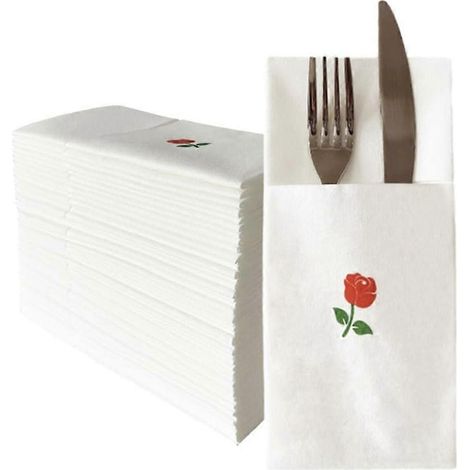 Lot de 50 serviettes de table jetables aspect lin avec poche intégrée pour couverts, serviettes en papier imprimées et pré-pliées. (1/5)