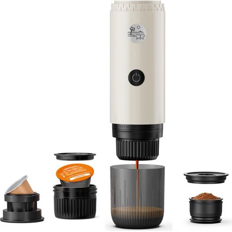 Machine à café portable 3 en 1, machine à expresso portable 19 bars avec chauffage automatique, compatible avec les capsules NS et DG et le café moulu pour le camping et les voyages (blanc) (1/5)