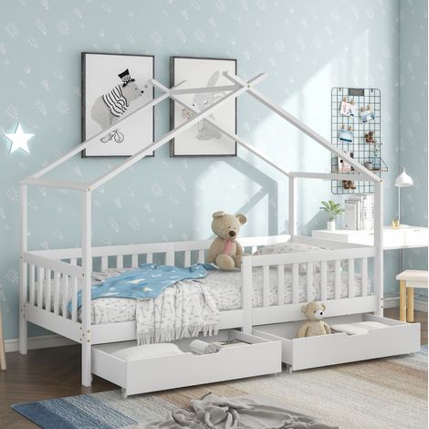 Lit avec tiroirs 90x200 lit cabane en bois blanc HAVRYA (1/5)