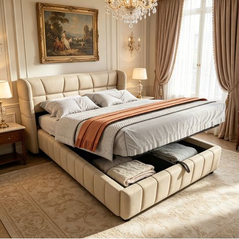 Bett modern 140x200 cm gepolstert mit Kopfteil, Stauraum mit Hebemechanismus, Leinenstoff Beige, Lattenrost (1/5)