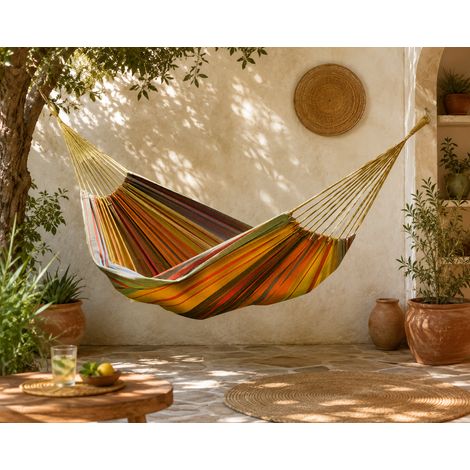 Couleurs Du Monde – Hamac double 220x150cm en toile 100% coton rayé orange – Charge maximale 130kg – Conçu pour 2 personnes – Confort optimal (1/2)