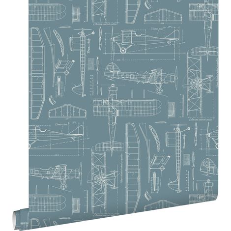 papier peint dessins de construction d'avions vintage bleu foncé - ESTAhome (1/5)