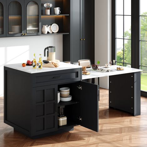 Table bar extensible noire 133-202×70×93,5cm avec tiroirs et compartiments,pour 2 à 6 personnes et rangement latéral. (1/5)