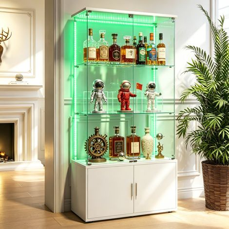 JOOKGBD-Glasvitrine Standvitrine mit LED-Lichtband,Vitrinenschrank aus Holz und Glas,4 Türen 3 Einlegeböden, abschließbarer Glasschrank mit Beleuchtung, Sammelvitrine für Wohnzimmer Bar,Weiß