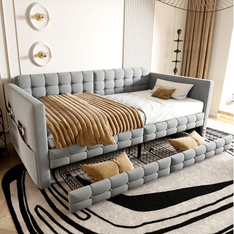 Schlafsofa 90x190 cm Hellgrau aus Samt mit Stauraum und Lattenrost (1/5)