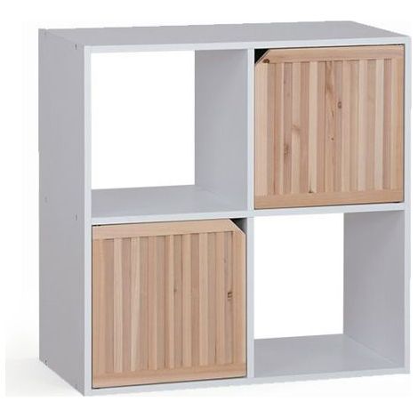 Étagère / meuble de rangement - JUANIO - 4 compartiments (2 portes) - Blanc / effet bois - Design scandinave - 58,5x29x59 cm (1/4)