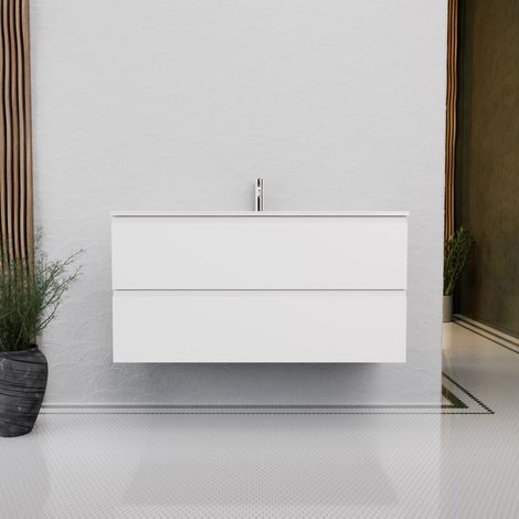 Inda - Badezimmerschrank B.120 mit glänzend/mattweißem Waschbecken 2 Schubladen - Rubin