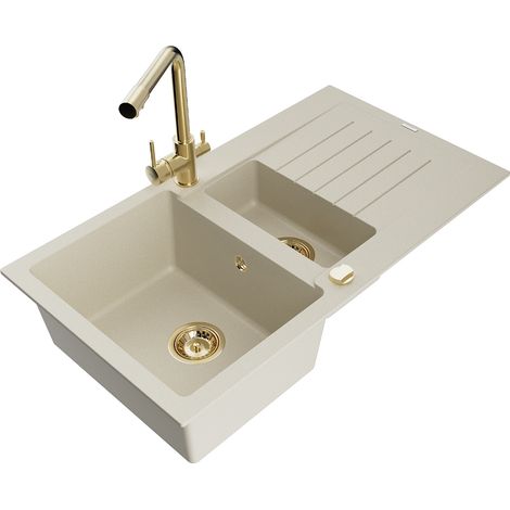 Mexen Matias lavello in granito 1,5 vasche con sgocciolatoio e miscelatore cucina Duero, beige - 6502-69-671600-50 (1/5)