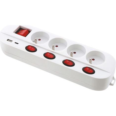 Bloc multiprise - Blanc - 4 prises 16A+T - 5 interrupteurs - Chargeur USB C et A - Multiple Charge Rapide - Câble 1,5 mètres (1/3)