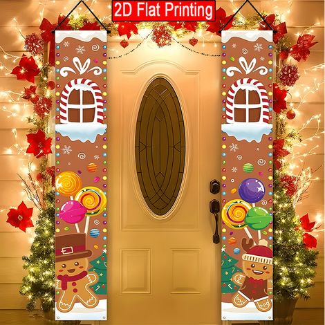 Bannière décorative à carreaux avec le Père Noël et un nouveau couplet de Noël 2026 - 180 x 30 cm - SDJDL-33