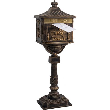 Relaxdays Antique freestanding column letterbox, British design, rustproof aluminium, HxWxD 118x41x29 cm, bronze
