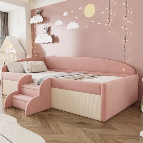 Lit enfant 90x190 cm en velours rose et blanc, gain de place pour chambre, sans matelas FloraGrace (1/5)