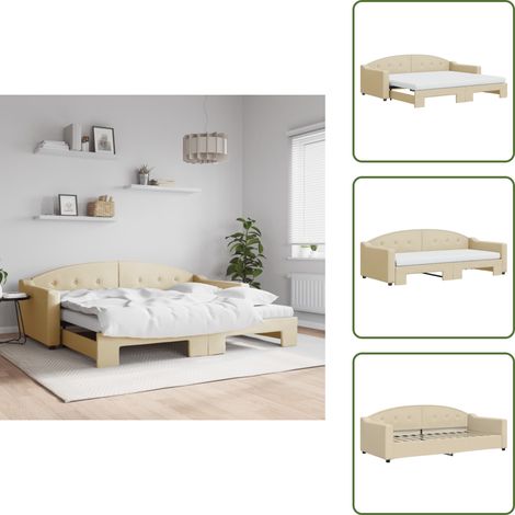 The Living Store Lit de jour avec gigogne et matelas crème 90x200 cm tissu - Canapé Convertible - Lit Tiroir - Lit Invité - Literie - Meuble Multifonction