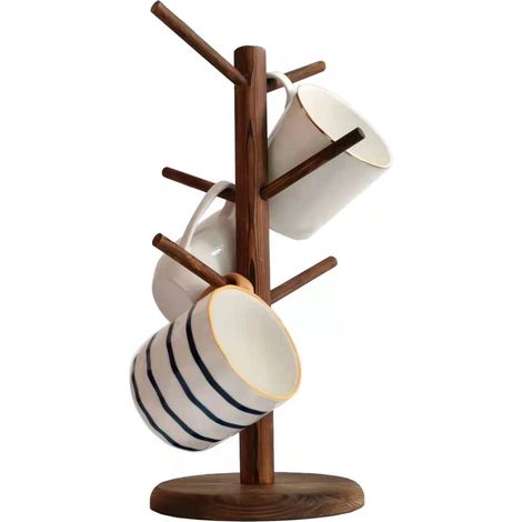 Soporte para tazas con forma de árbol: estante de madera para tazas de café con 6 ganchos - Organizador de tazas con forma de árbol para el rincón del café y accesorios de cocina (marrón) (1/5)