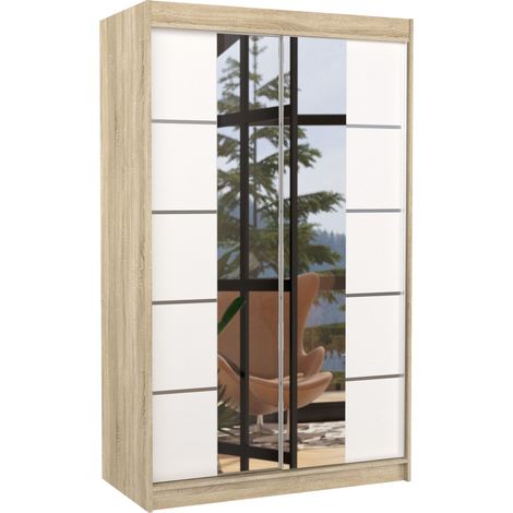 Petite armoire design de chambre à coucher 2 portes coulissantes naturel et blanc avec miroir Kinzo 120cm (1/5)