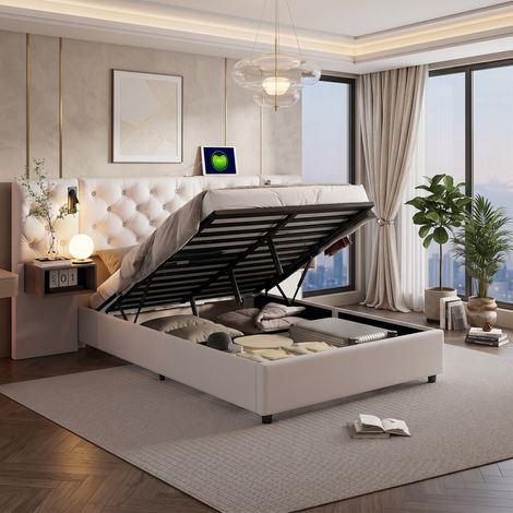 Stauraumbett 140 x 200 cm mit Lattenrost, hydraulisches Samtbett in Beige, 2 schwebende Nachttisch-Schubladen und integrierte Leselampe, hochwertiges Design