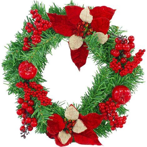 Runder Weihnachtstürkranz (35 cm Durchmesser) mit roter Dekoration (1/5)