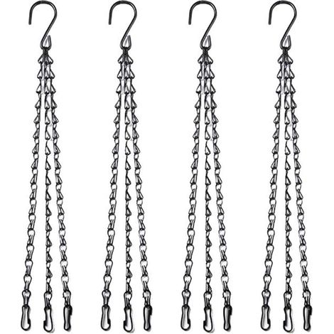 40cm Chaîne de panier suspendu à 3 brins Métal Rechange Crochet de chaîne avec crochet et clip pour pots de fleurs Jardinières Mangeoires d'oiseaux Lanternes Tableaux ornements - 4 Pack Noir