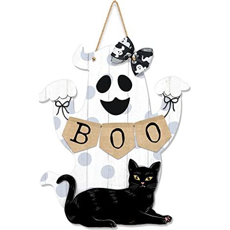 Décoration d'Halloween : Panneau suspendu « BOO » avec fantôme et chat noir, idéal pour l'intérieur, l'extérieur, le jardin, les murs et les fêtes d'Halloween. (1/5)