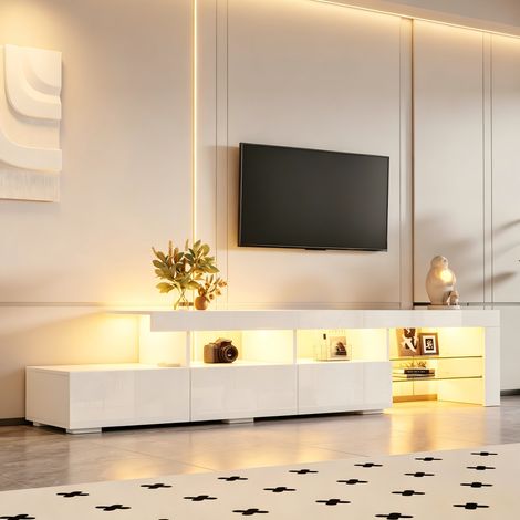 Modernluxe - Meuble TV moderne laqué brillant 180x35x45 cm - LED et 3 tiroirs - Convient aux TV jusqu'à 75 pouces - Blanc (1/5)