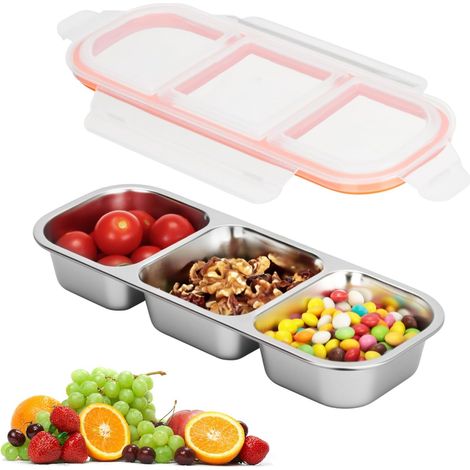 1 Boîte à déjeuner, Acier inoxydable 304, 3 Compartiments, Couvercle hermétique, Silicone, Pour école et travail