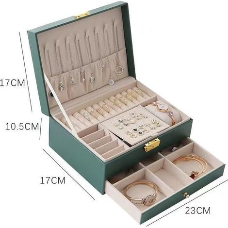 Schmuckkästchen, 2 Etagen, PU-Leder, für Mädchen, Reiseschmuck, Schmuck-Organizer, für Ringe, Halsketten, Schloss und Schlüssel, dunkelgrün