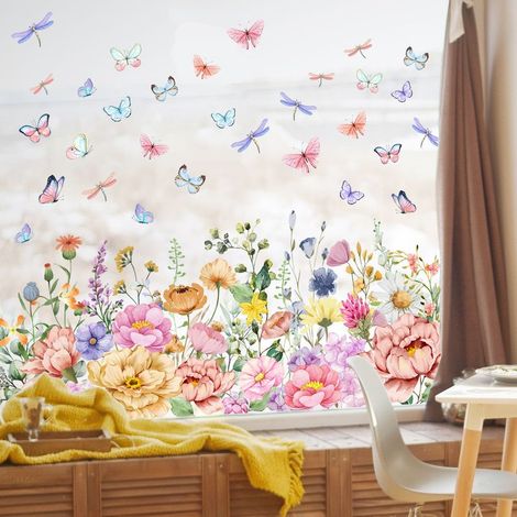 Jardin Fleurs Autocollant de Fenêtre Printemps Plantes Papillon Stickers Fenêtre Anti-Collision Réutilisable Impression Recto-Verso électrostatique pour Fenêtre Verre Porte Décoration (1/5)