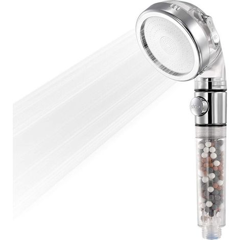 Douchette anticalcaire avec bouton marche/arrêt pause, 3 modes, douchette haute pression avec pierre minérale, pomme de douche filtrante 3 positions amovible et lavable (1/5)