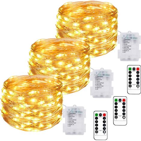 [Lot de 3] Guirlande Lumineuse a Pile, 10M 100LED Guirlande Led à Pile avec Télécommande 8 Modes Fonction Minuterie IP65 Etanche Fil Lumineux Décoration Intérieur Extérieur Chambre Noël Mariage Jardin (1/5)