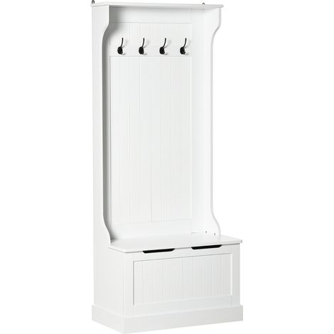 Porte-manteau mobile en bois avec banc de rangement blanc 71.5x39.5x170 cm pour entrée et hall d'entrée (1/5)