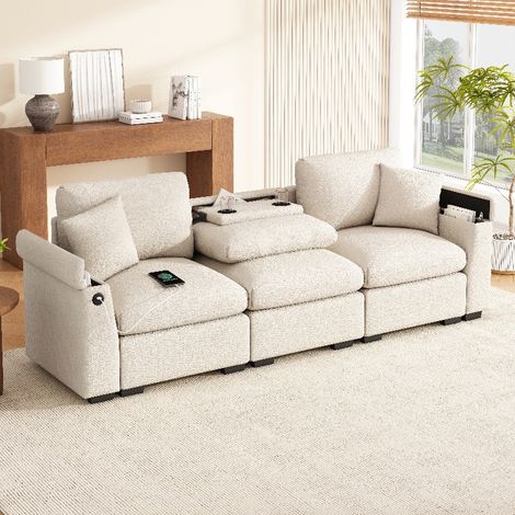 Multifunktionales 3-Sitzer-Sofa aus Chenille mit Stauraum, Klapptisch und USB-Anschluss, Heimkino Stoffsofa mit Getränkehalter, 242x80x88 cm (1/5)