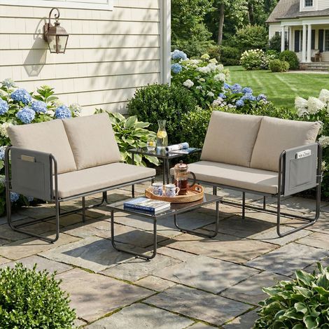 Set da giardino per esterni composto da 4 pezzi: 2 divani a 2 posti, 2 tavolini in vetro, cuscini, fodere rimovibili e tasche, colore kaki. (1/5)