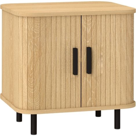 Table de chevet ou d'appoint avec porte à persiennes et pieds en acier (finition chêne)  convient à la chambre et au séjour. (1/5)
