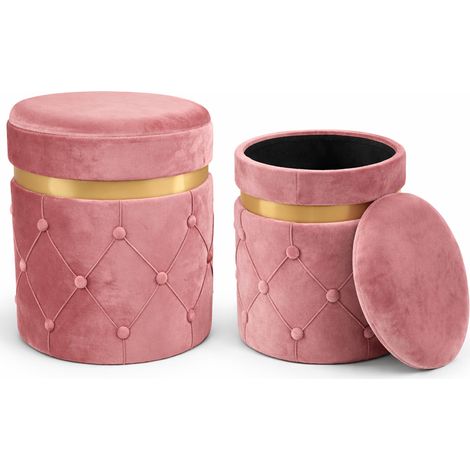 Set 2 Pouf Contenitori Rosa in Velluto con Design Trapuntato 38x44cm 31x38cm (1/5)