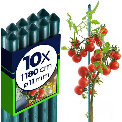 Lot de 10 - Tuteur pour plantes - Acier galvanisé - Support vertical résistant - Pour tomates et fleurs - Avec crochet - Vert - 180x1,1 cm