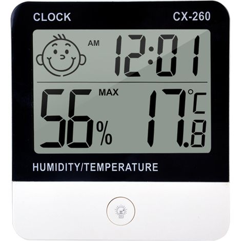 Digitales Thermometer-Hygrometer mit Alarmfunktion, LCD-Anzeige, misst Umgebungstemperatur und Luftfeuchtigkeit (1/5)
