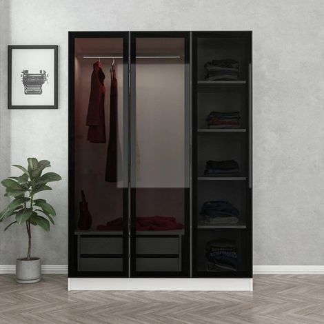 Armario con 3 puertas en cristal ahumado, blanco/negro 135 x 190 cm - Dimensiones: 190cm (1/5)