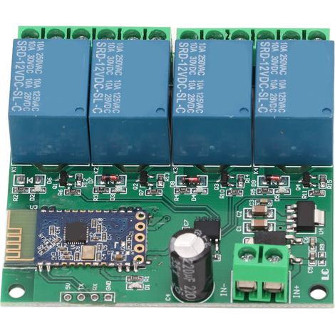 Module relais Bluetooth 4 canaux avec télécommande, forte capacité anti-interférences pour maison connectée, alimentation 12 V CC. (1/5)
