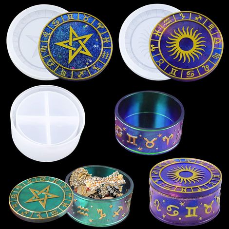 BEBUSINGOTO Sternbild-Aufbewahrungsbox-Harzform mit 2 Sternzeichen-Sonnen- und Sterndeckeln, Epoxid-Gieß-Silikonform, Schmuck-Dekorationsform (1/5)