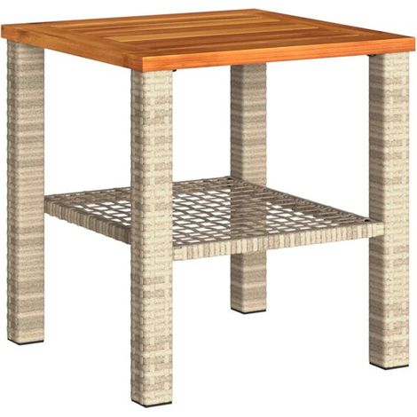 Table de jardin beige, mesurant 40x40x42 cm, en résine tressée et bois d'acacia. (1/5)