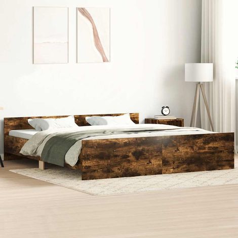 Cadre de lit 200 x 200 cm avec tête et pied de lit en bois, chêne fumé, sans matelas - PANGIVO (1/4)