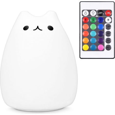 MINKUROW Led Night Light Cat Design - Telecomando Cavo Micro Usb - Simpatico Lampada Da Comodino Per Bambini Rgb Che Cambia Colore - Gattino Snooze Bianco (1/5)