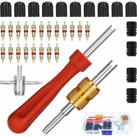 Demonte Obus Valve Kit D'Outils Réparation Démonte Obus De Valve Double Et À Une Tête + 1 Outil De Valve 4 Voies + 14 Bouchon Valve Pneu Voiture + 20 Noyaux Valve Pour Remplacement Velo Moto (1/5)