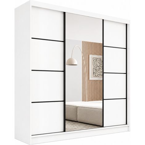 Armoire 3 portes coulissantes KERY 200cm avec miroir – Design moderne-Blanc/Noir