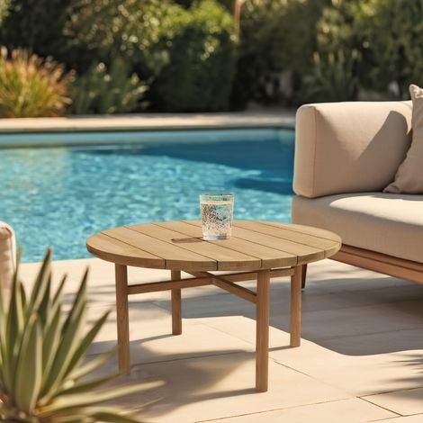 KALLY - Table basse de jardin ronde en bois de teck recyclé naturel D80cm (1/5)